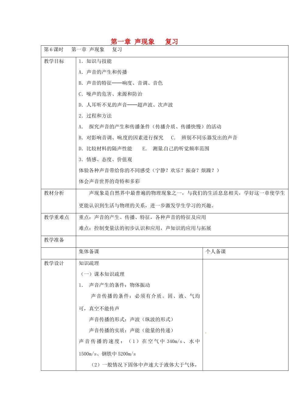 云南省大理州苗尾九年制学校八年级物理上册《第一章 声现象复习》教案 新人教版_第1页