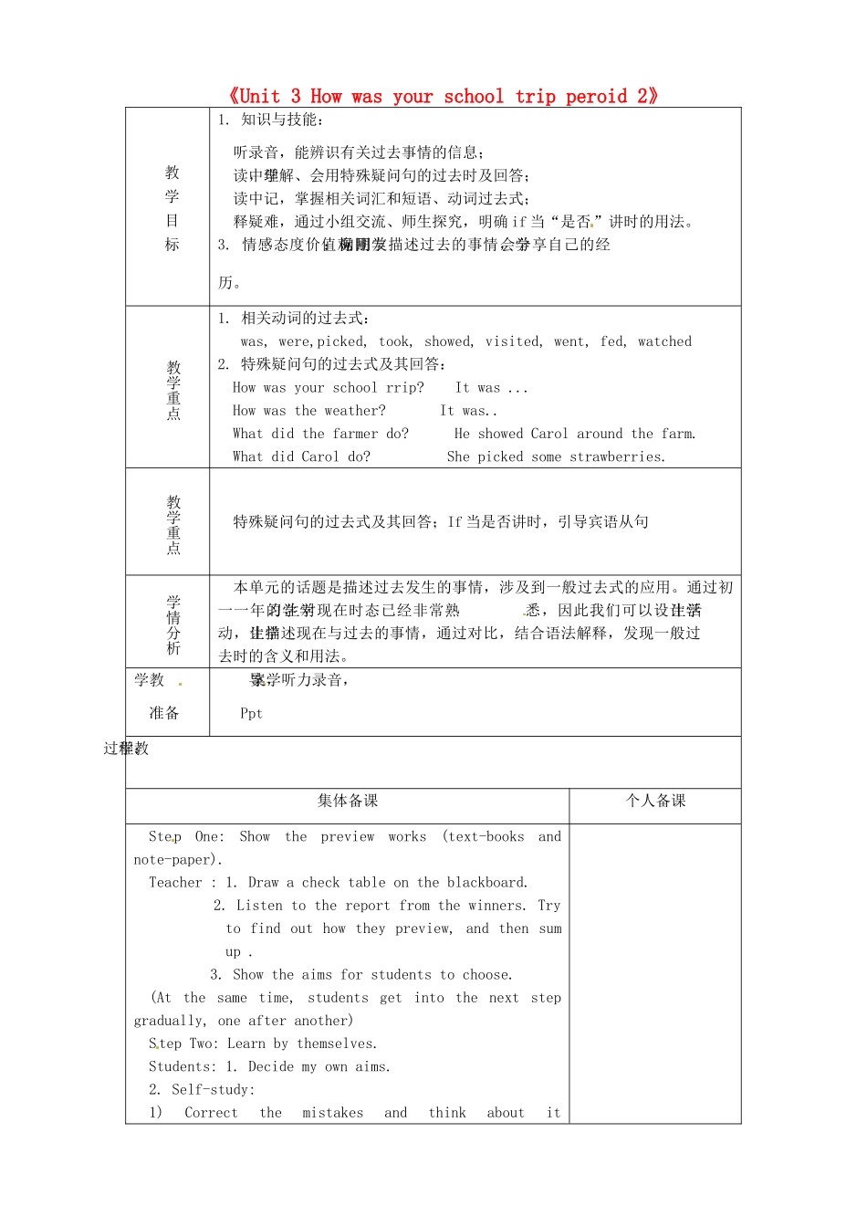 七年级英语上册《Unit 3 How was your school trip period 2》教案 鲁教版五四制-鲁教版五四制初中七年级上册英语教案_第1页