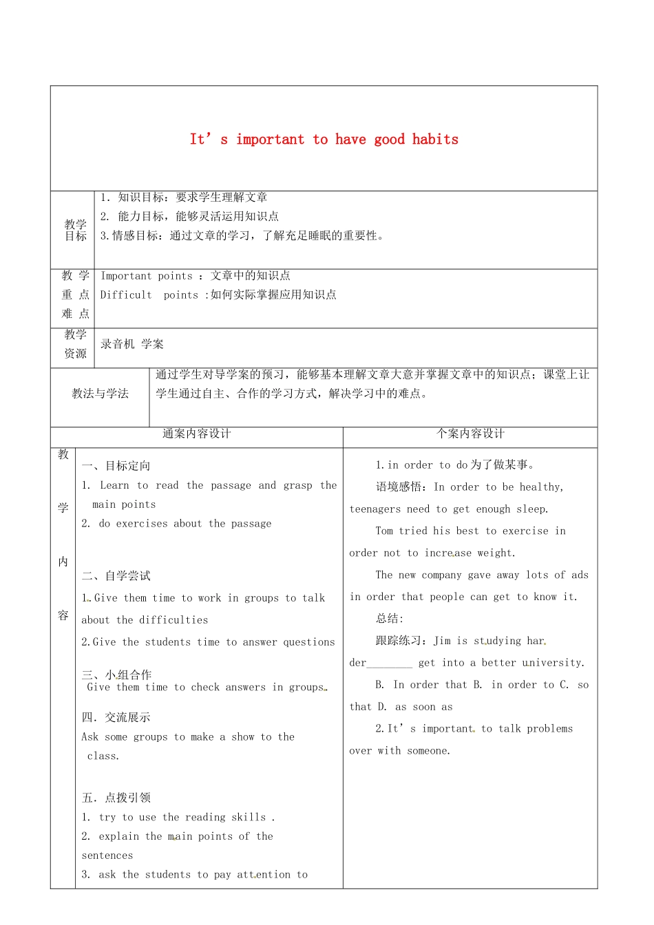 九年级英语全册 Unit 9 It's important to have habits教案5 （新版）鲁教版五四制-鲁教版五四制初中九年级全册英语教案_第1页