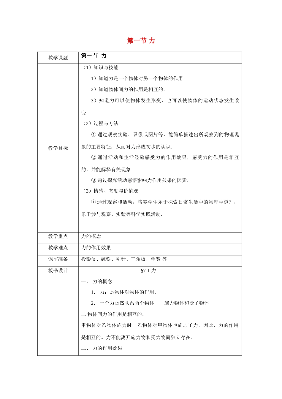 八年级物理 力教案1 沪科版_第1页