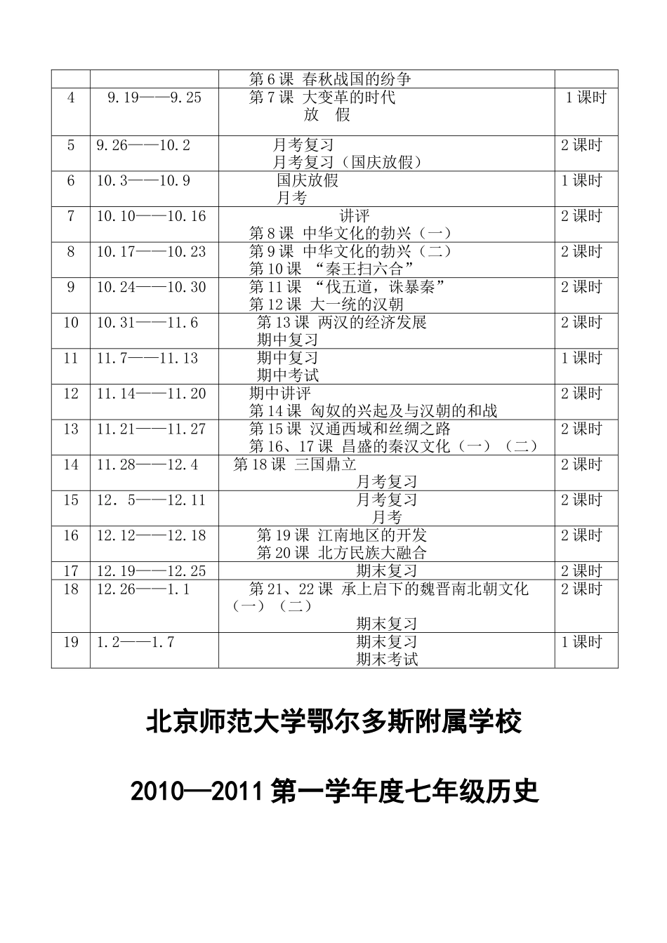 北京师范大学鄂尔多斯附属学校2010—2011七年级历史上册第一学年度教学计划 新人教版_第3页
