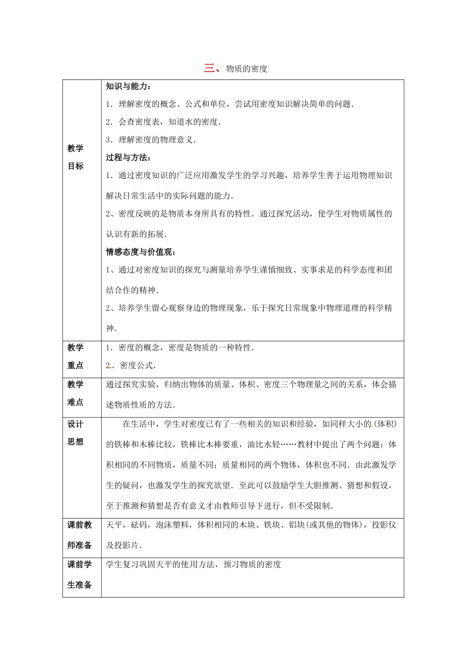 八年级物理下册 第六章 第3节《物质的密度》教学设计2 苏科版-苏科版初中八年级下册物理教案_第1页