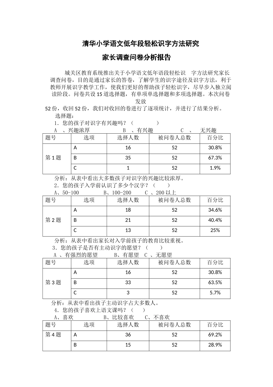 一年级识字情况问卷分析报告_第1页
