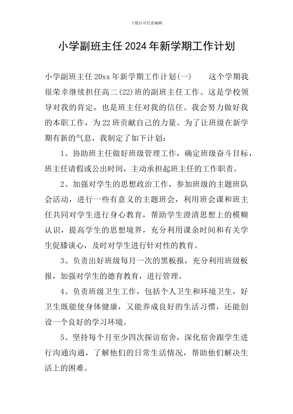 小学副班主任2024年新学期工作计划_第1页