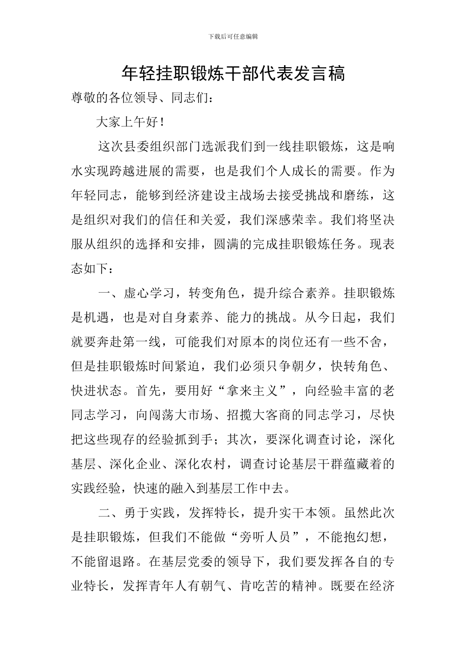 年轻挂职锻炼干部代表发言稿_第1页