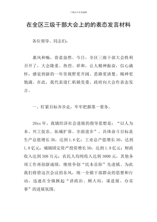 在全区三级干部大会上的的表态发言材料