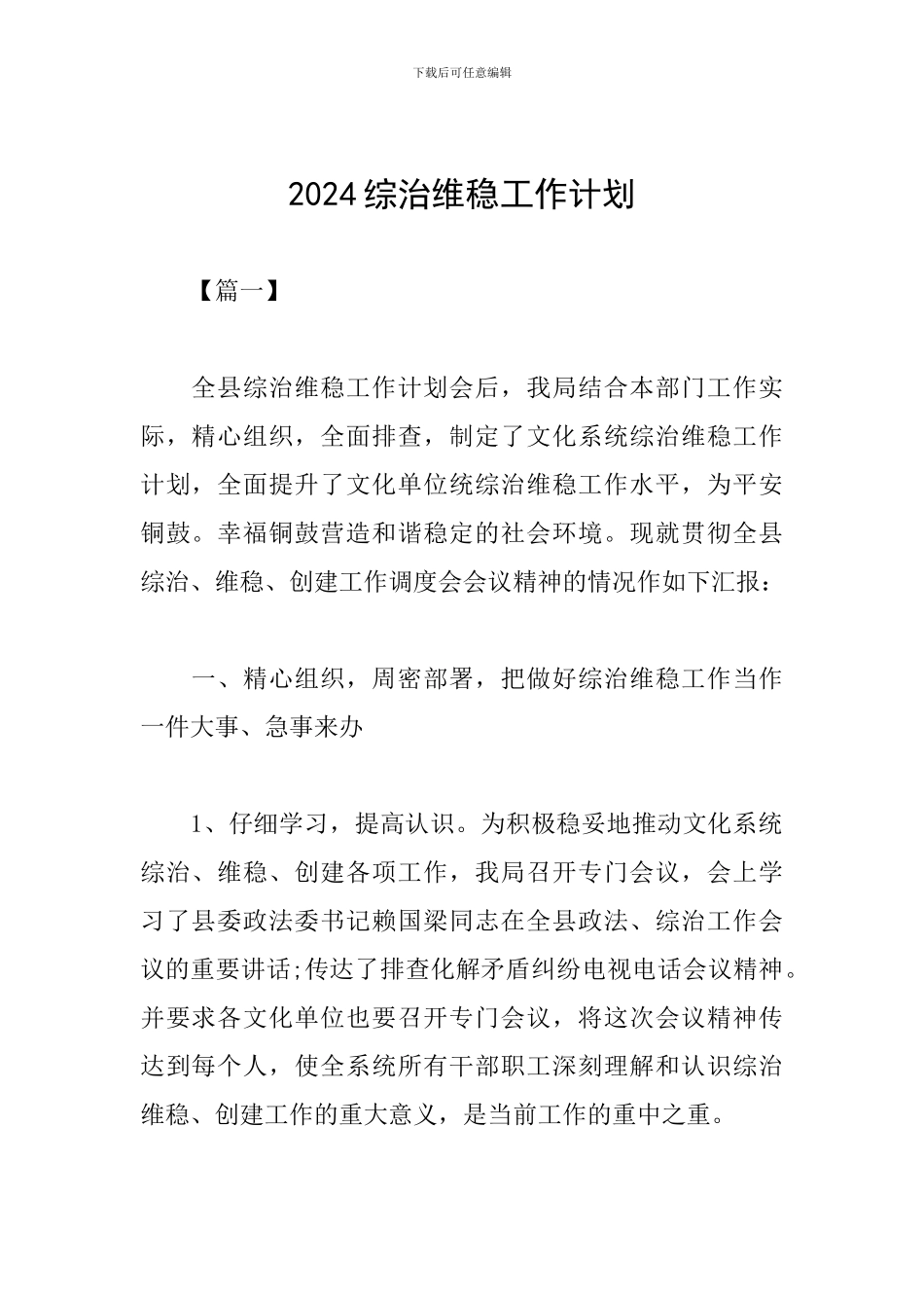 2024综治维稳工作计划_第1页