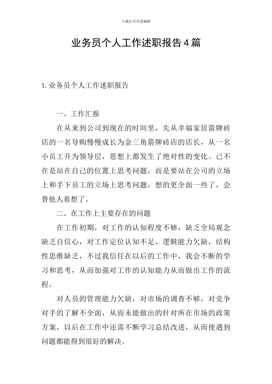 业务员个人工作述职报告4篇_第1页