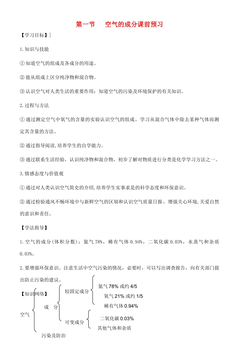 九年级化学上册 4.1 空气的成分课前预习学案 （新版）鲁教版-（新版）鲁教版初中九年级上册化学学案_第1页