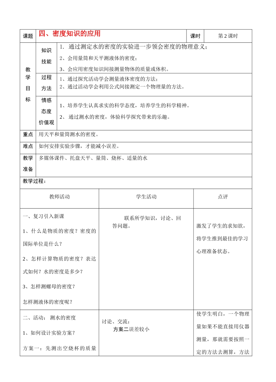 2010年江苏省八年级物理下册第六章密度知识的应用第二课时教案_第1页