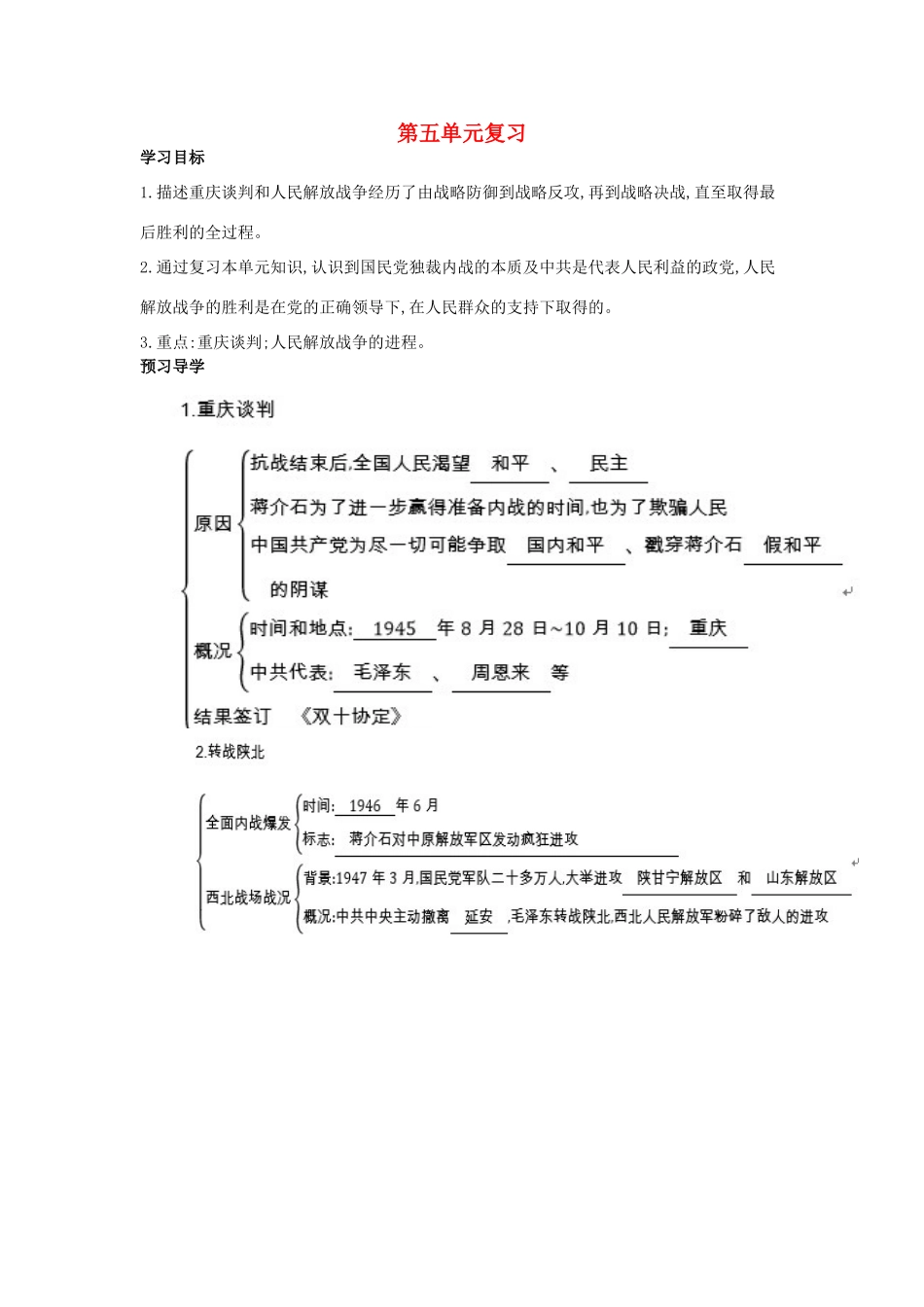 八年级历史上册 第五单元 复习导学案 中华书局版-中华书局版初中八年级上册历史学案_第1页