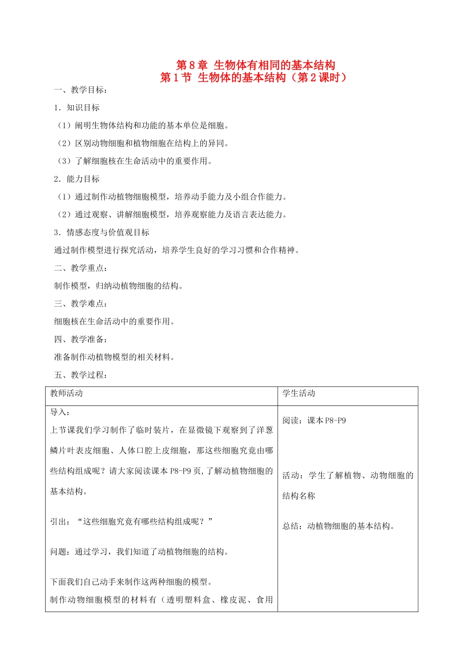2013-2014学年七年级生物下册 8.1 生物体的基本结构（2课时）教案 （新版）苏科版_第1页