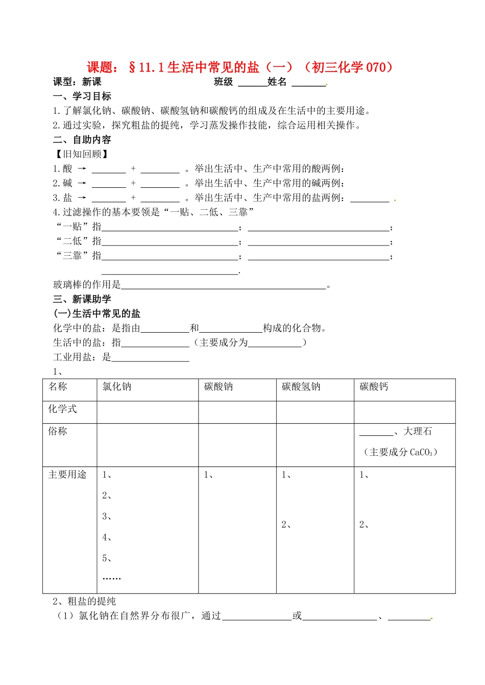 江苏省无锡市蠡园中学九年级化学《生活中常见的盐（1）》学案_第1页