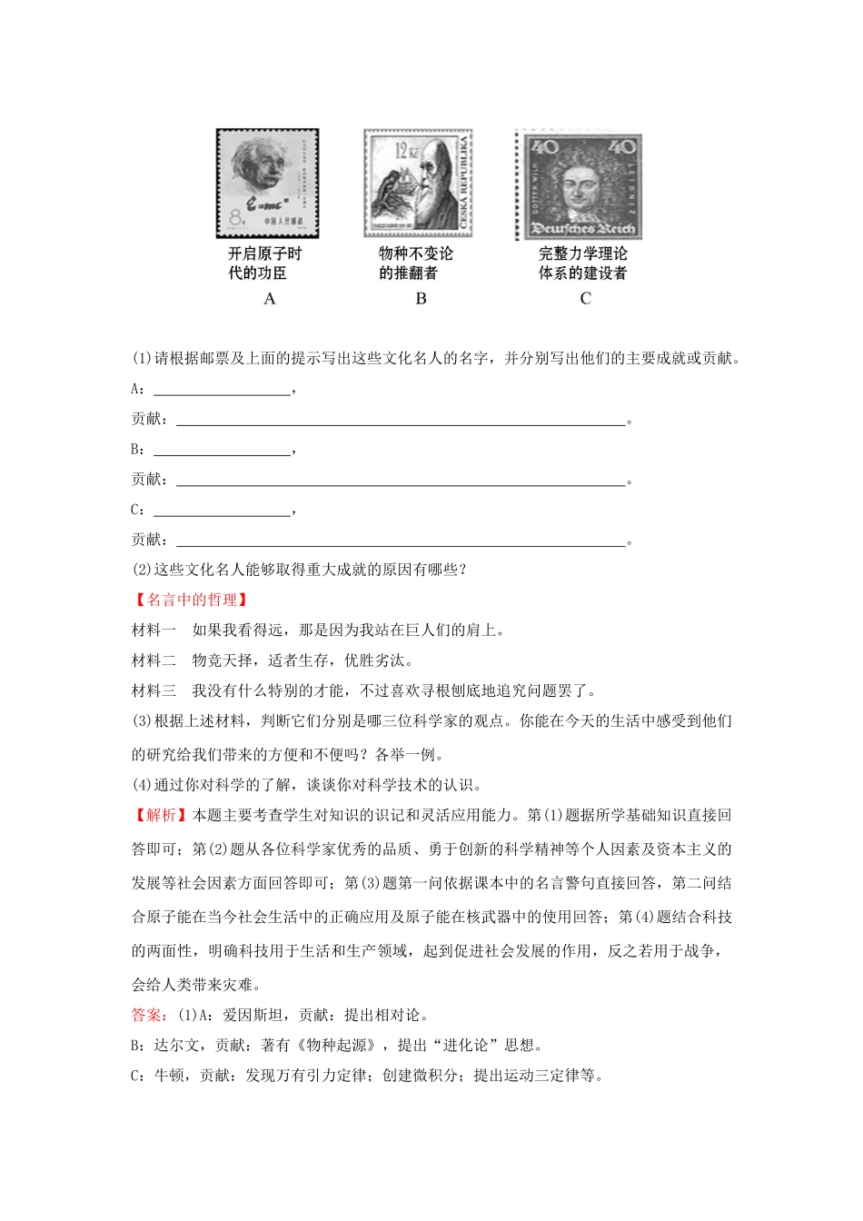 九年级历史上册 4.23 构建科学殿堂的巨匠达标检测 北师大版-北师大版初中九年级上册历史学案_第3页