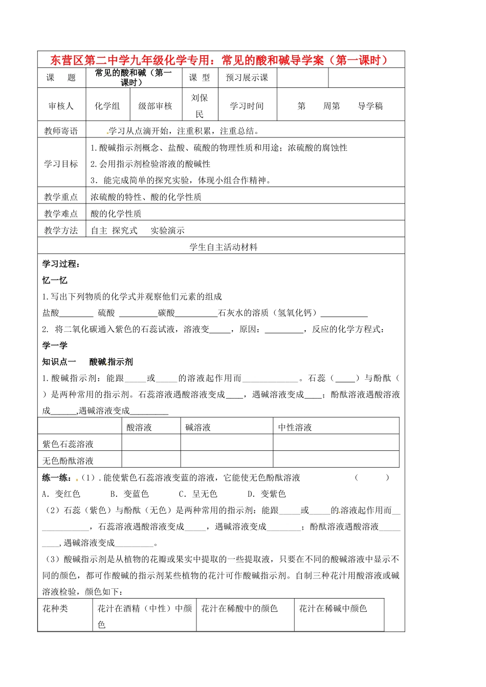 山东省东营市第二中学九年级化学下册 常见的酸和碱（第一课时）学案 人教新课标版_第1页