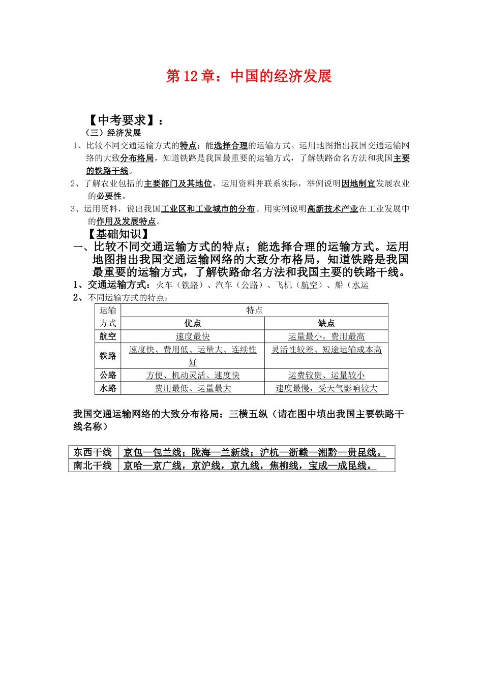 八年级地理第二轮复习 第12章中国的经济发展学案人教新课标_第1页