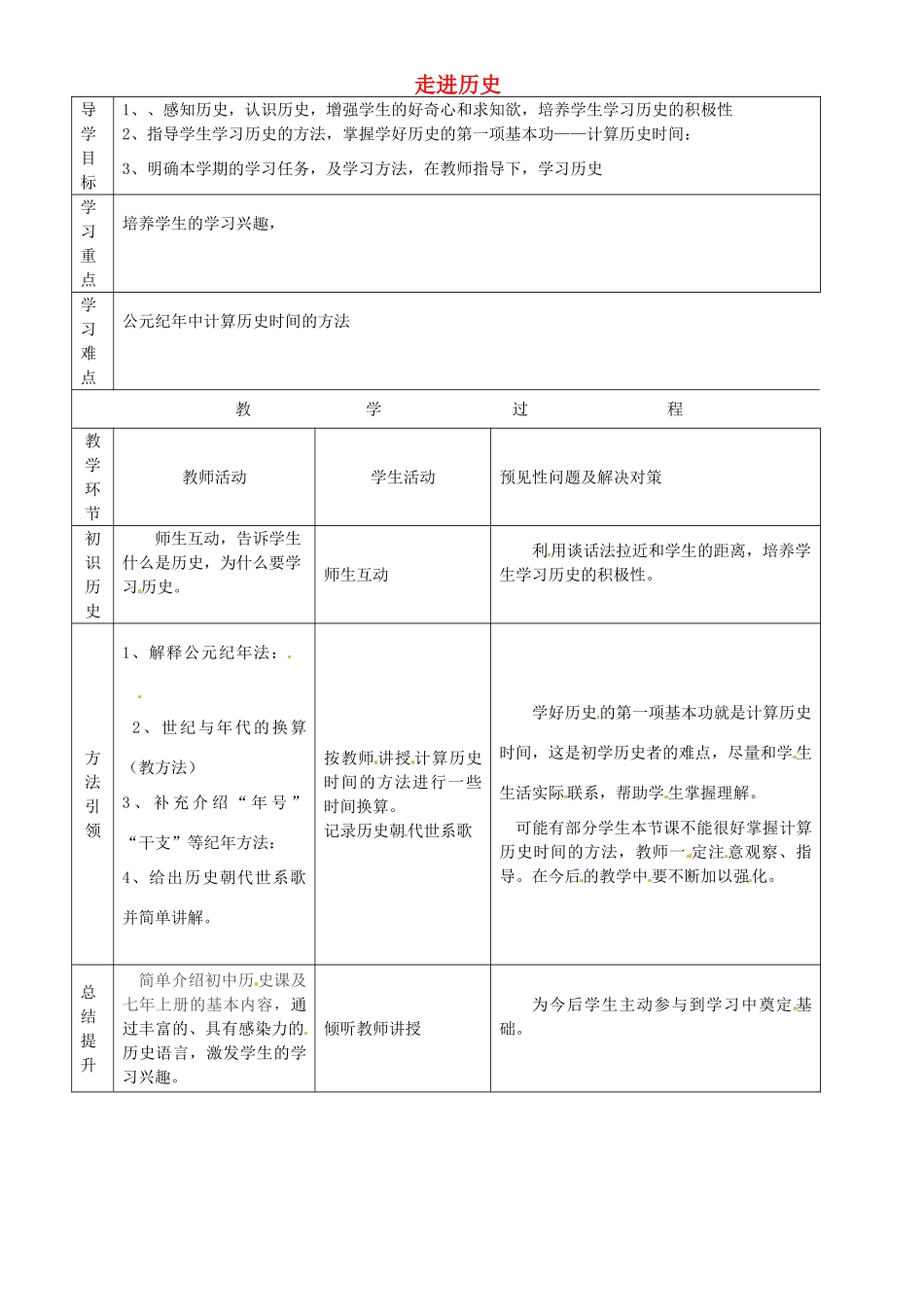 吉林省通化市外国语中学七年级历史上册 导言课 走进历史导学案 新人教版_第1页