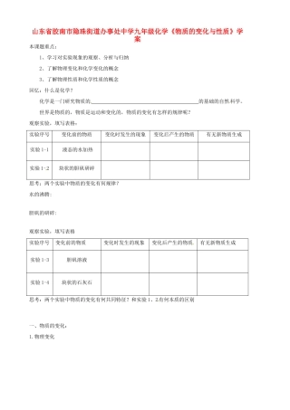 山东省胶南市隐珠街道办事处中学九年级化学《物质的变化与性质》学案