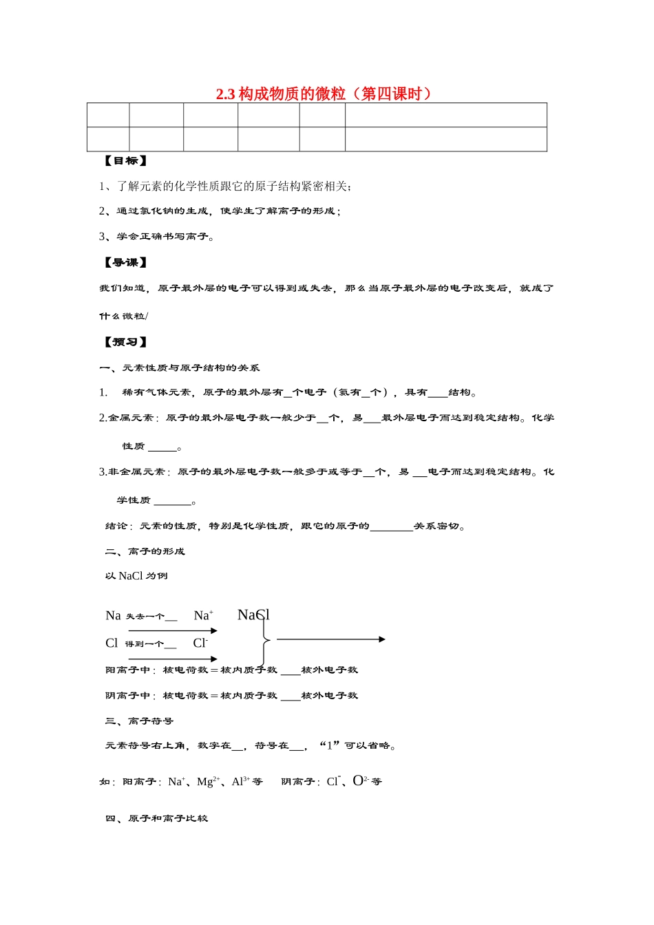 九年级化学 2.3构成物质的微粒（第4课时）导学案（无答案）粤教版_第1页