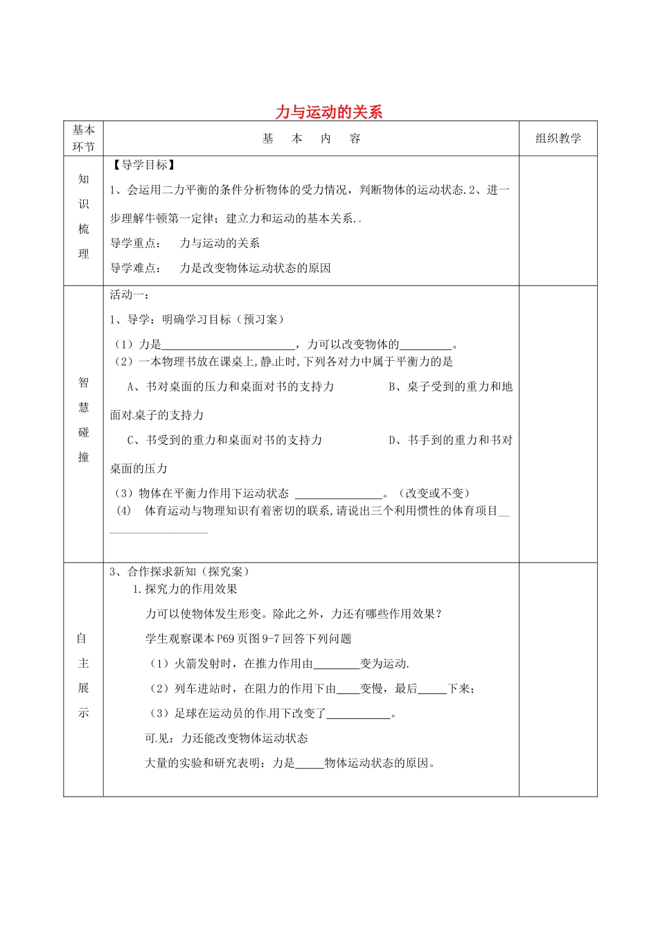 江苏省宿迁市沭阳县官墩初级中学八年级物理下册 9.3 力与运动的关系导学案（无答案） 苏科版_第1页