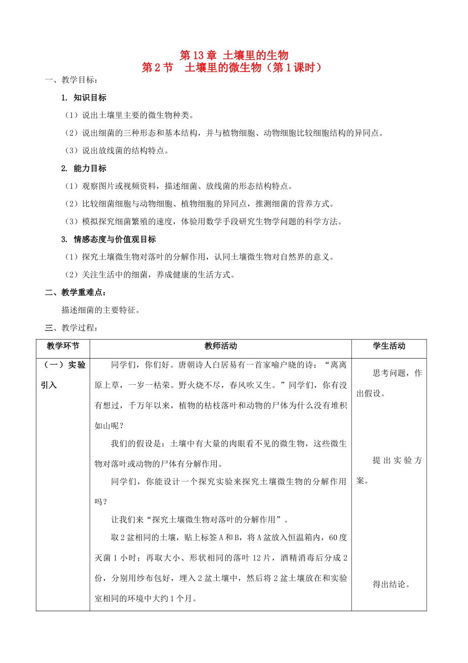 2013-2014学年七年级生物下册 13.2 土壤里的微生物教案 （新版）苏科版_第1页