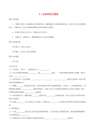 九年级道德与法治上册 第二单元 民主与法治 第三课 追求民主价值 第1框 生活在民主国家学案 新人教版-新人教版初中九年级上册政治学案