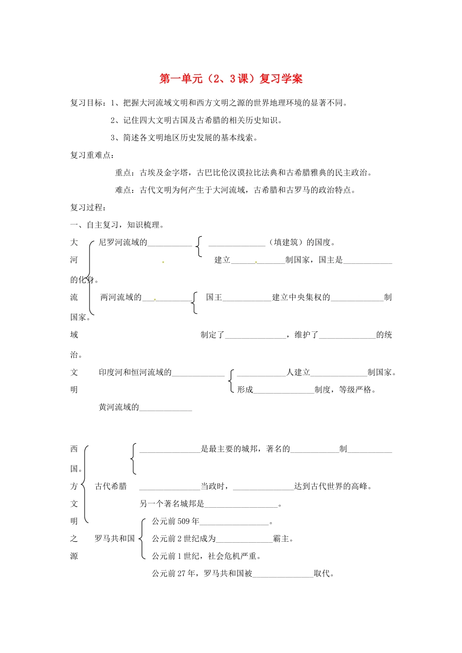 山东省新泰市汶城中学九年级历史上册 第一单元（2、3课）复习学案导学案 新人教版_第1页