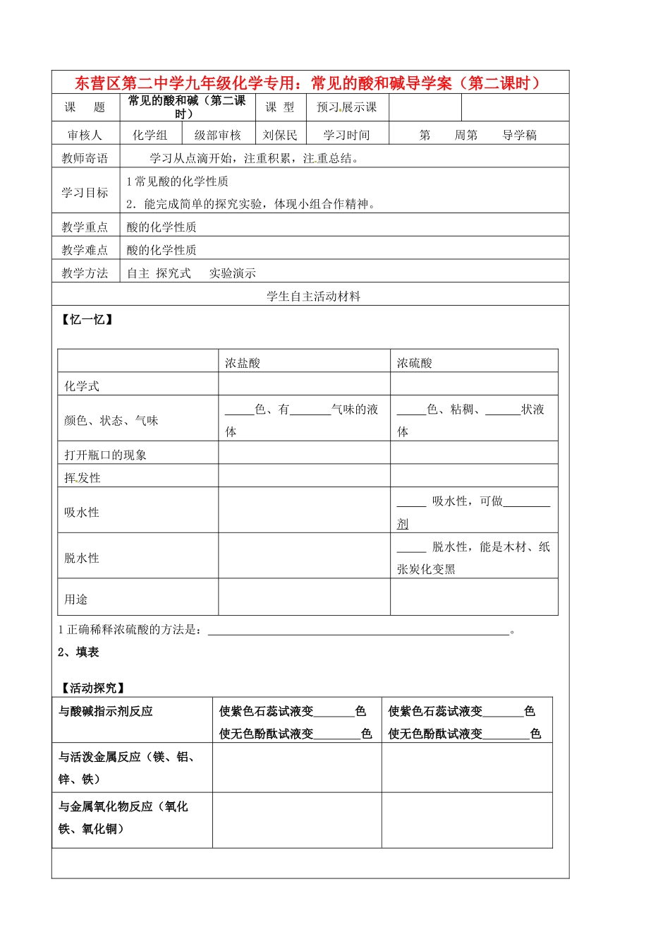 山东省东营市第二中学九年级化学下册 常见的酸和碱（第二课时）学案 人教新课标版_第1页