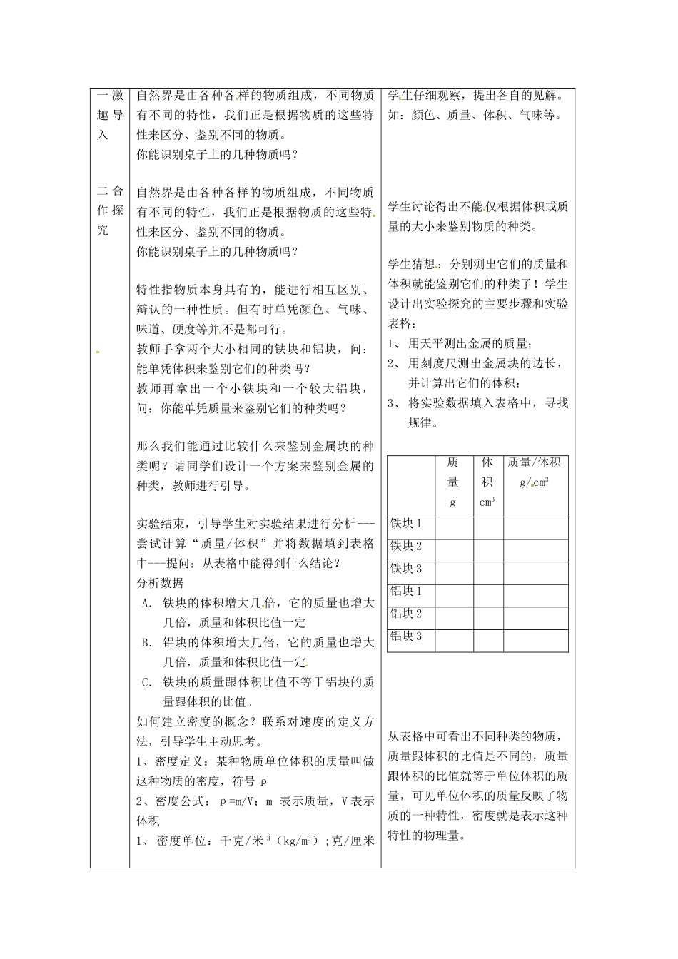 2015年春八年级物理下册 6.3 物体的密度教案 （新版）苏科版_第2页