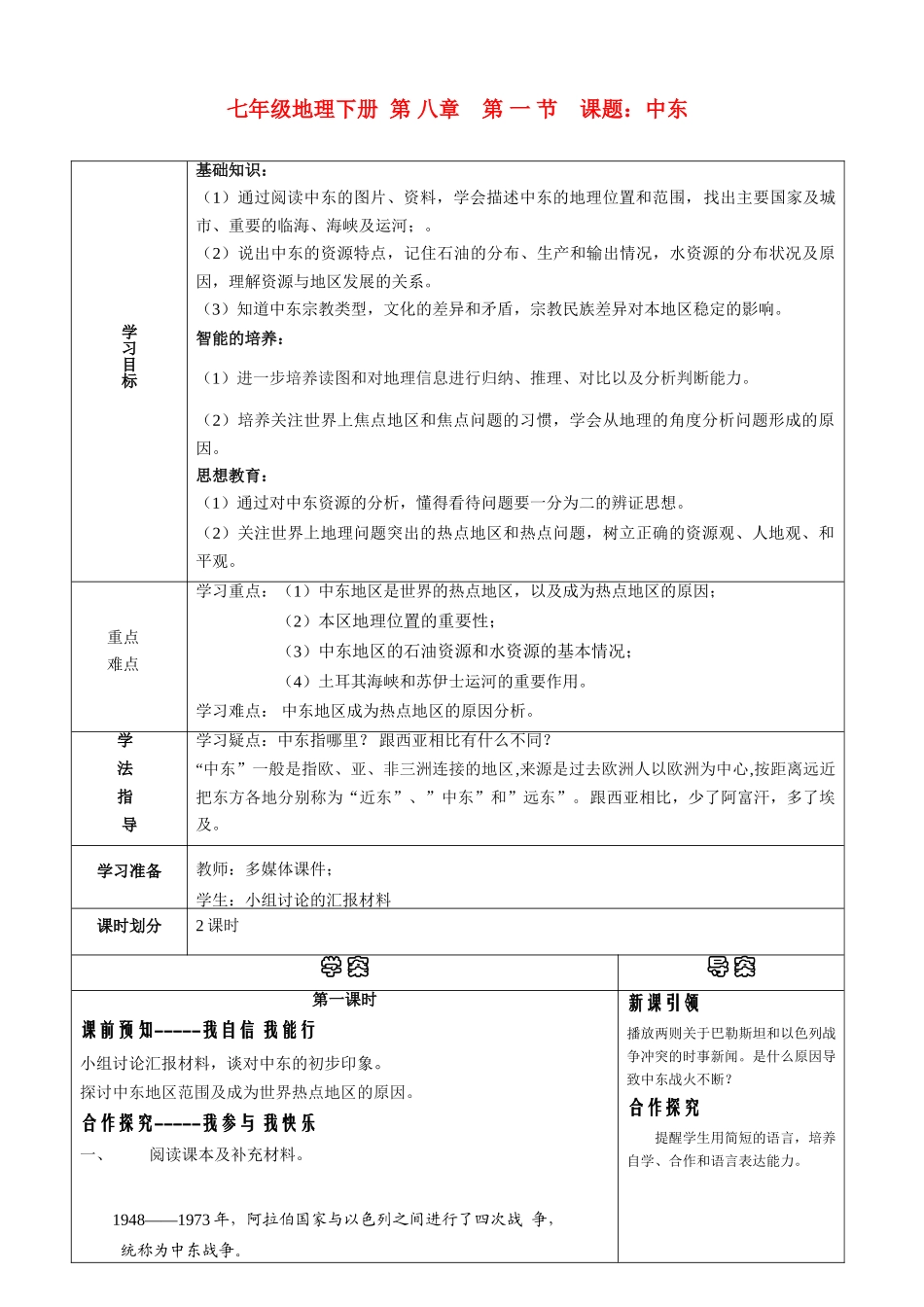 七年级地理下册 第八章第 一 节 中东导学案 湘教版_第1页