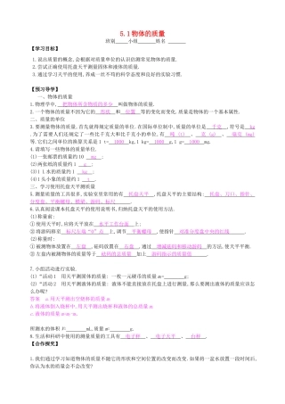 八年级物理上册 5.1 物体的质量导学案 （新版）粤教沪版-（新版）粤教沪版初中八年级上册物理学案