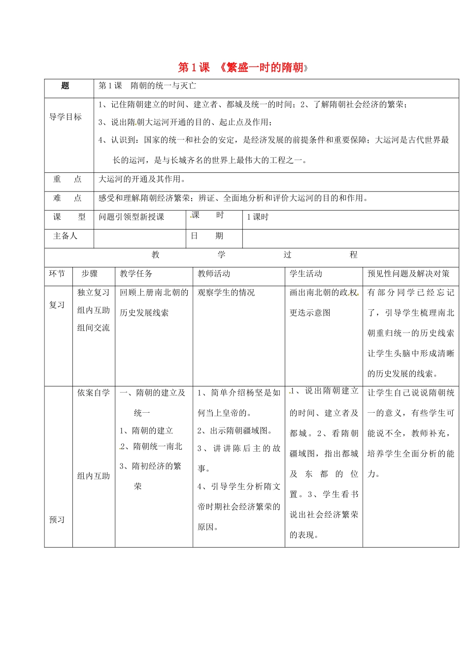 吉林省通化市七年级历史下册 第一单元 第1课 繁盛一时的隋朝导学案 鲁教版-鲁教版初中七年级下册历史学案_第1页