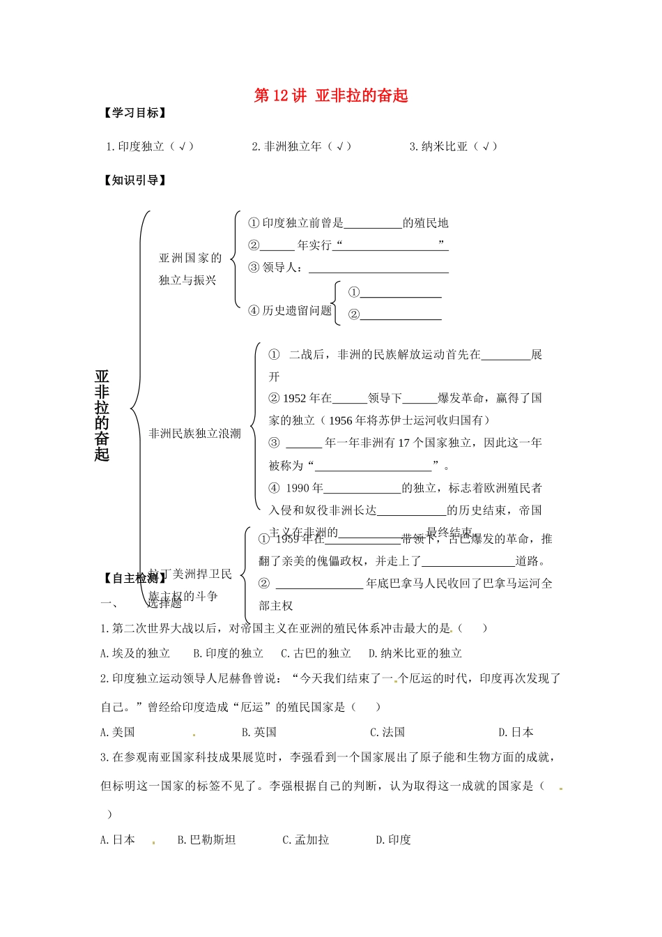九年级历史下册 6.12《亚非拉的奋起》学案 人教新课标版_第1页