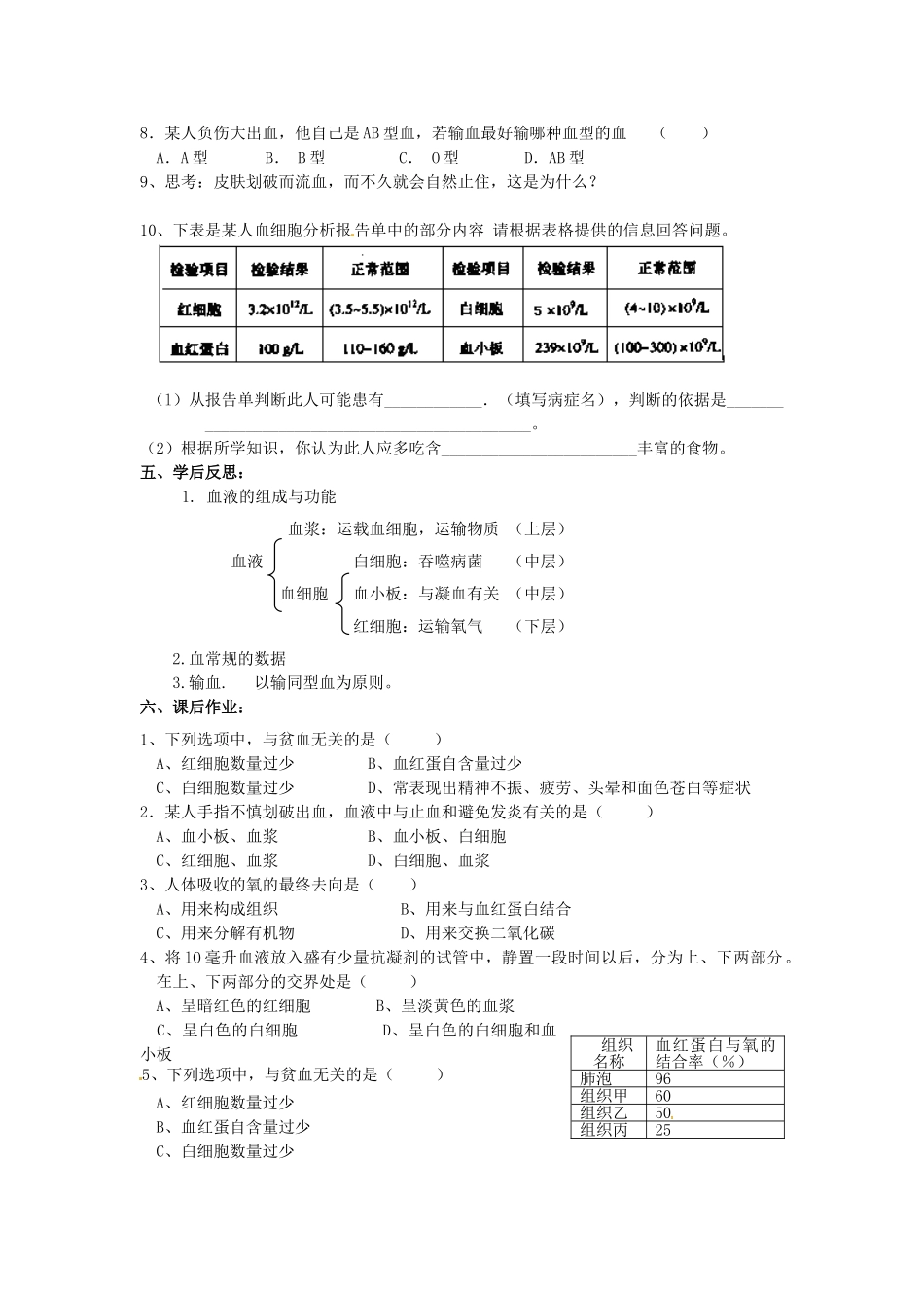 八年级科学上册 7.3人体内的物质运输第三课时学案（无答案）华东师大版_第3页