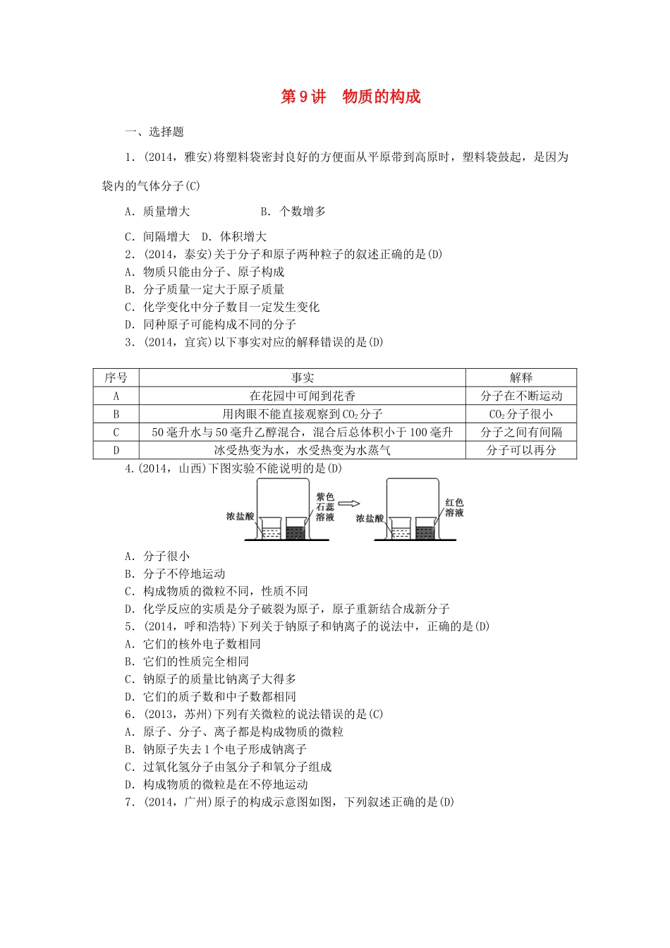 【聚焦中考】陕西省2015中考化学总复习 第一轮课时训练 第9讲 物质的构成_第1页
