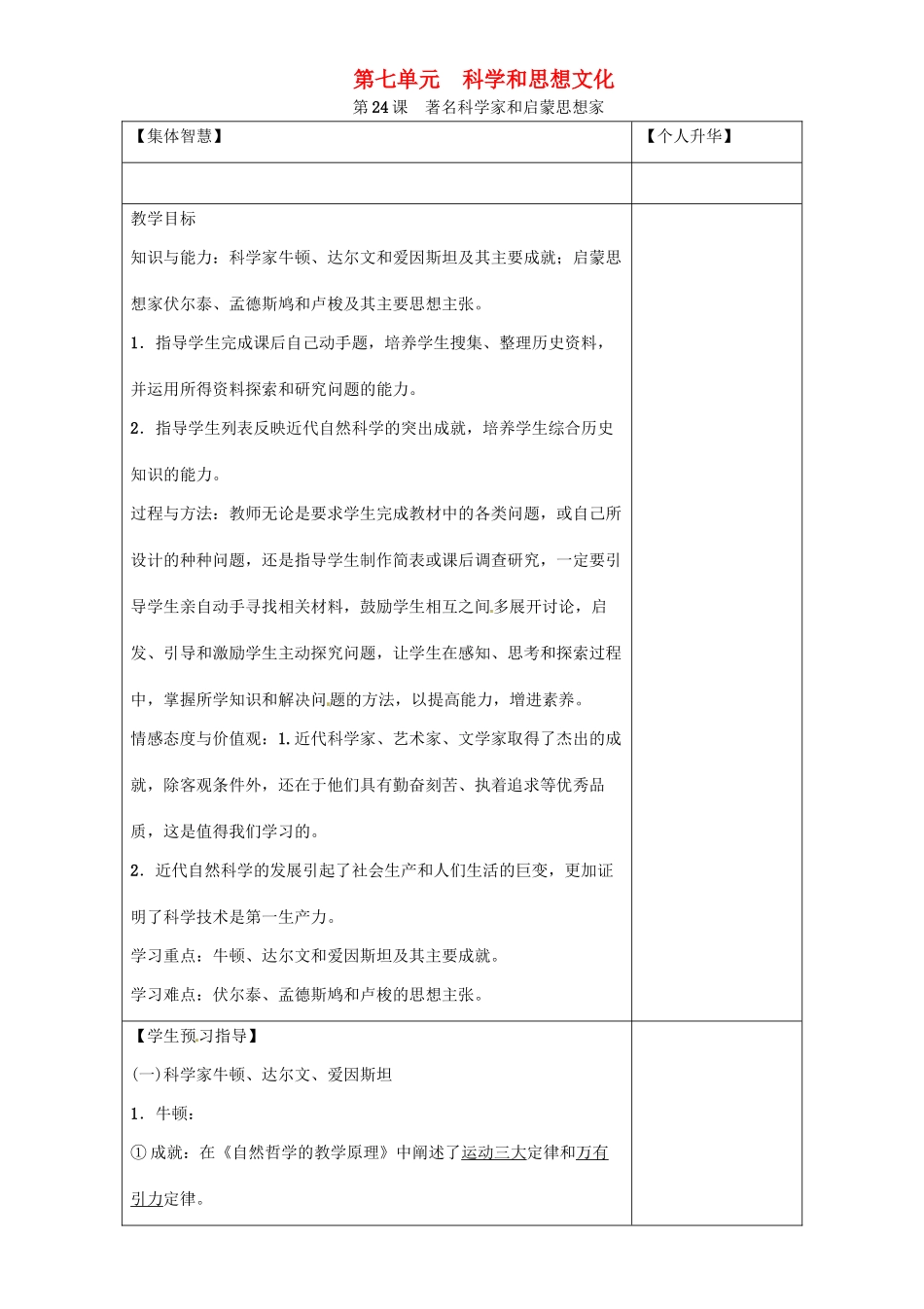 秋九年级历史上册 第七单元 科学和思想文化 第24课 著名科学家和启蒙思想家导学案 岳麓版-岳麓版初中九年级上册历史学案_第1页