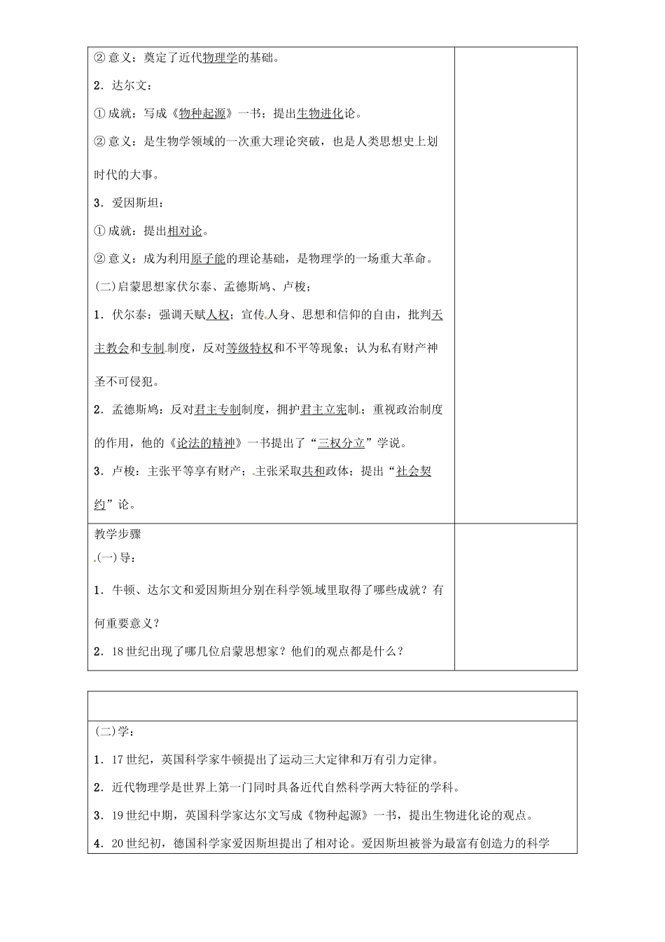 秋九年级历史上册 第七单元 科学和思想文化 第24课 著名科学家和启蒙思想家导学案 岳麓版-岳麓版初中九年级上册历史学案_第2页