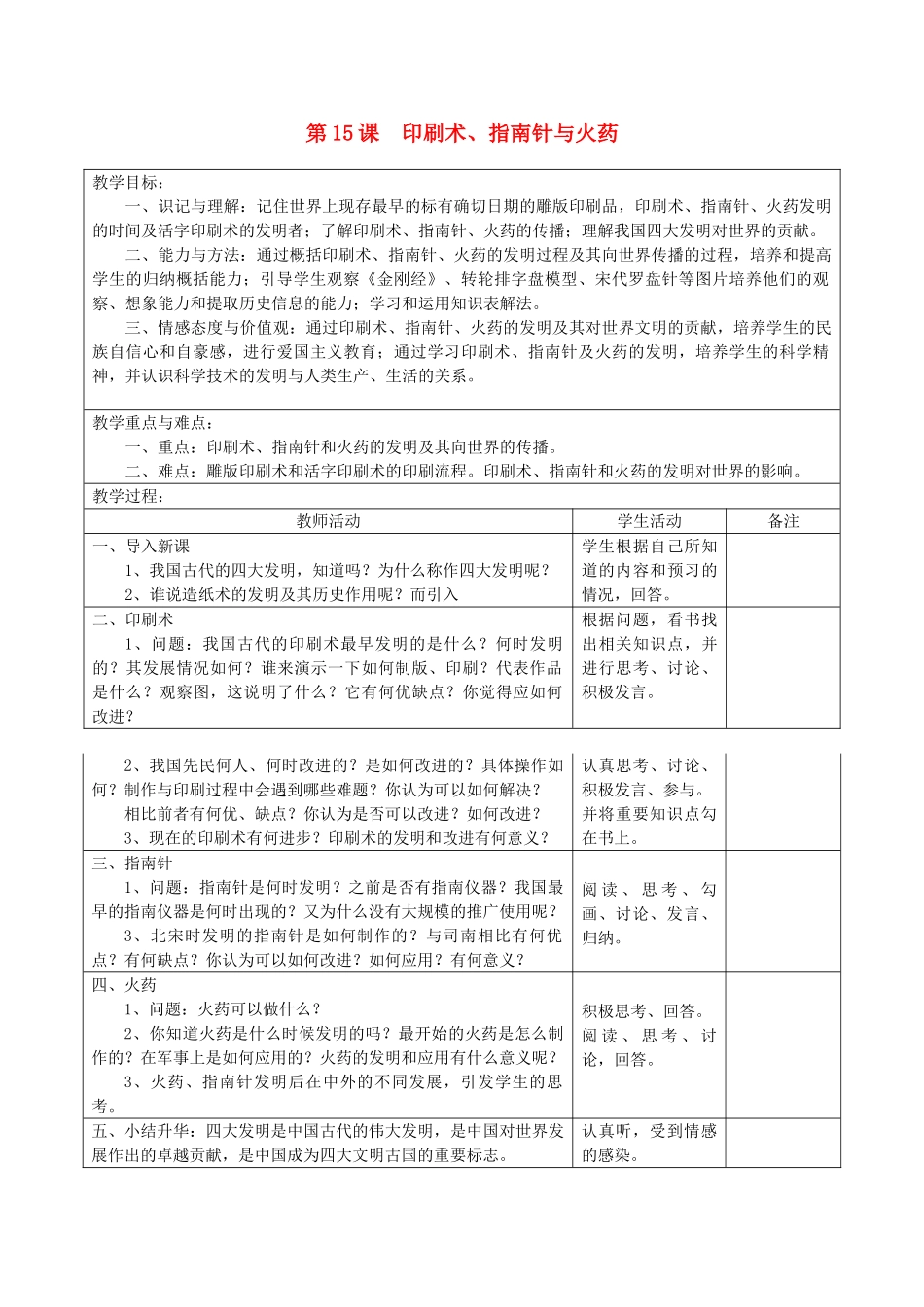 2014七年级历史下册 第15课 印刷术、指南针与火药教案 川教版_第1页