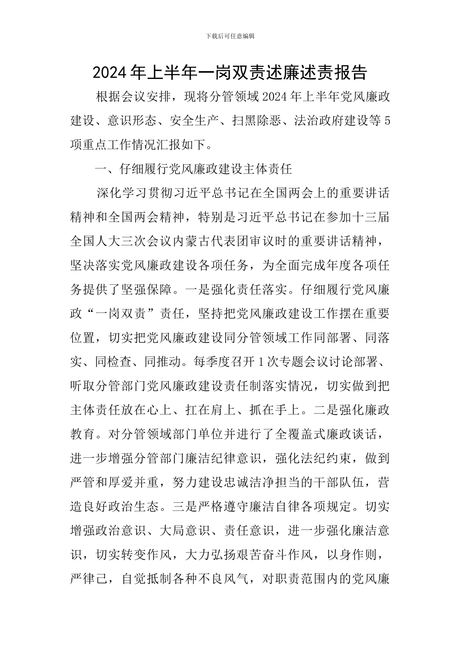2024年上半年一岗双责述廉述责报告_第1页