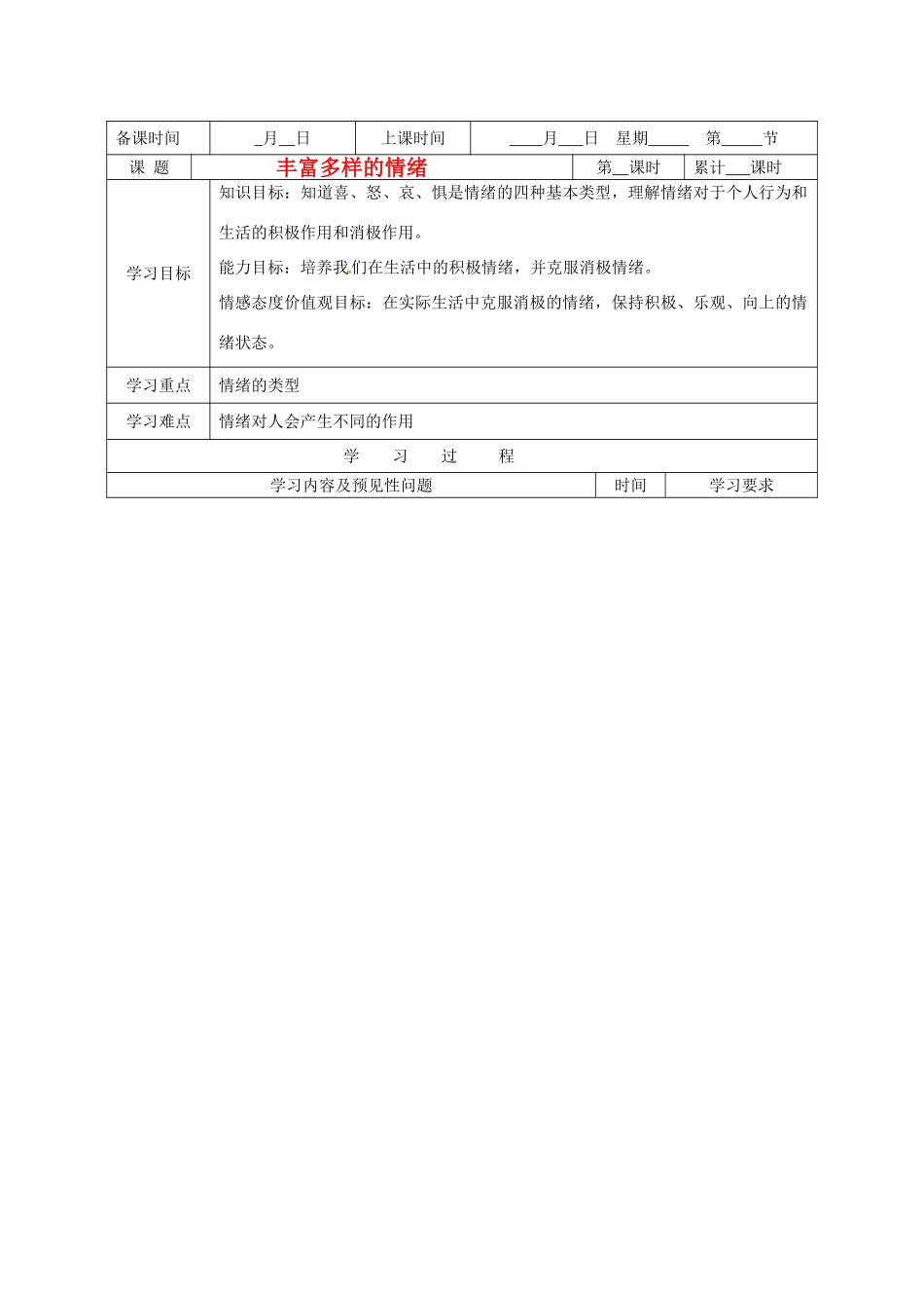 湖南省望城县金海双语实验学校七年级政治《丰富多样的情绪》学案_第1页