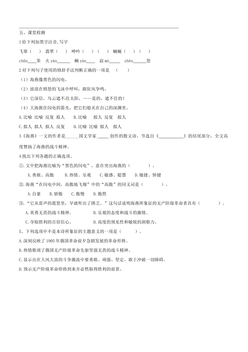 天津市太平村中学八年级语文 第二单元《海燕》学练稿 人教新课标版_第3页