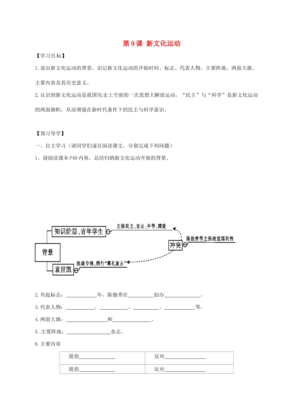 广西北海市八年级历史上册 第二单元 第9课 新文化运动导学案 新人教版-新人教版初中八年级上册历史学案_第1页