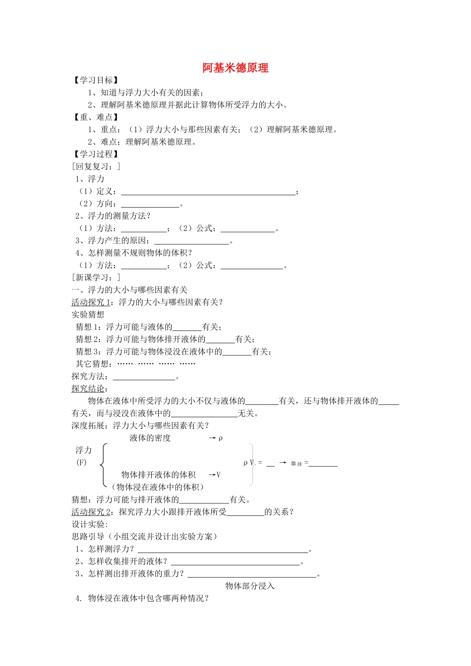 安徽省芜湖市芜湖县赵桥中学八年级物理全册《阿基米德原理》学案（无答案） 沪科版_第1页