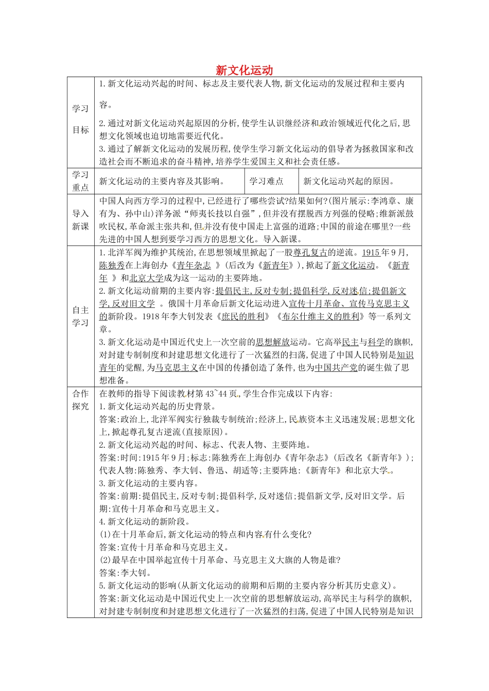 八年级历史上册 第8课 新文化运动学案2 川教版-川教版初中八年级上册历史学案_第1页