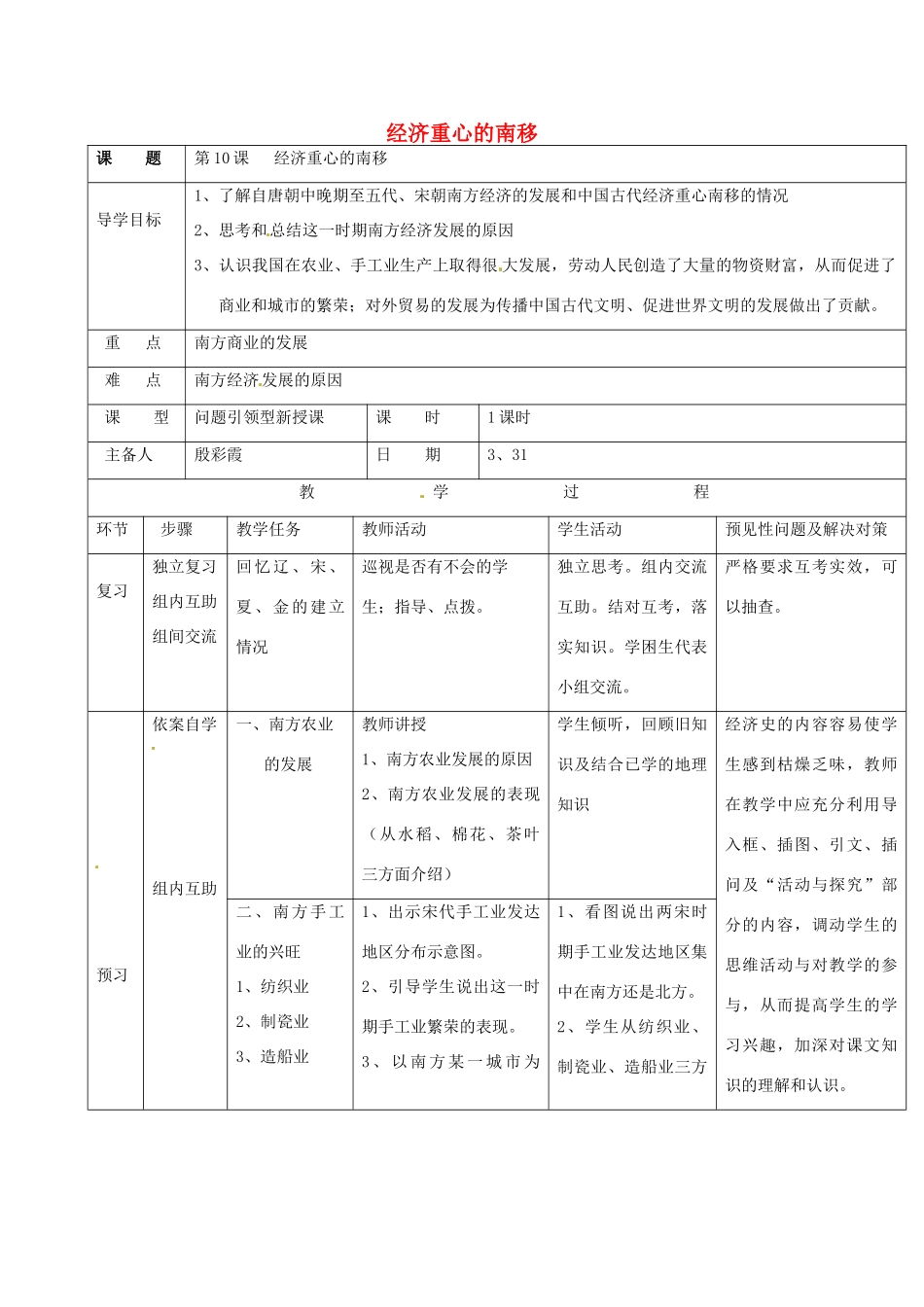 吉林省通化市七年级历史下册 第二单元 第10课 经济重心的南移导学案 鲁教版-鲁教版初中七年级下册历史学案_第1页