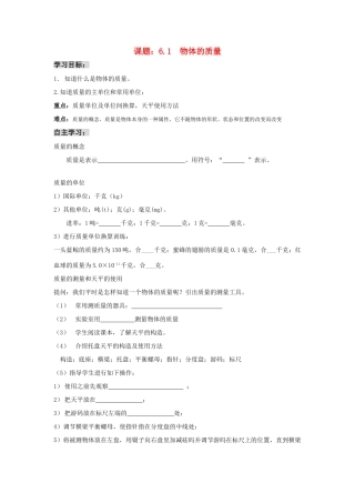 八年级物理下册 6.1 物体的质量学案（无答案） 苏科版