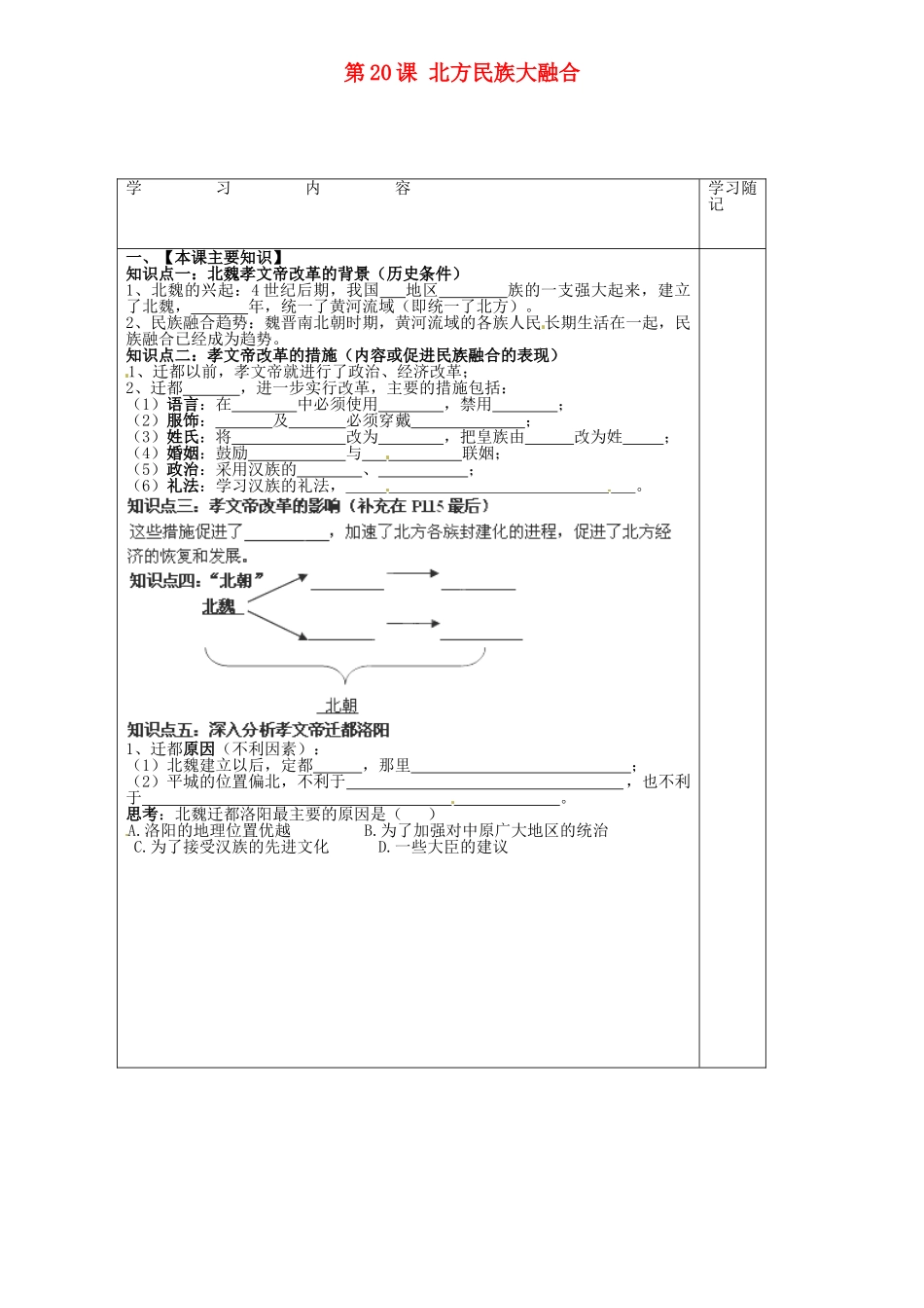 七年级历史上册 第20课 北方民族大融合导学案1 新人教版-新人教版初中七年级上册历史学案_第1页