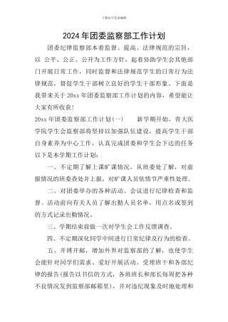2024年团委监察部工作计划