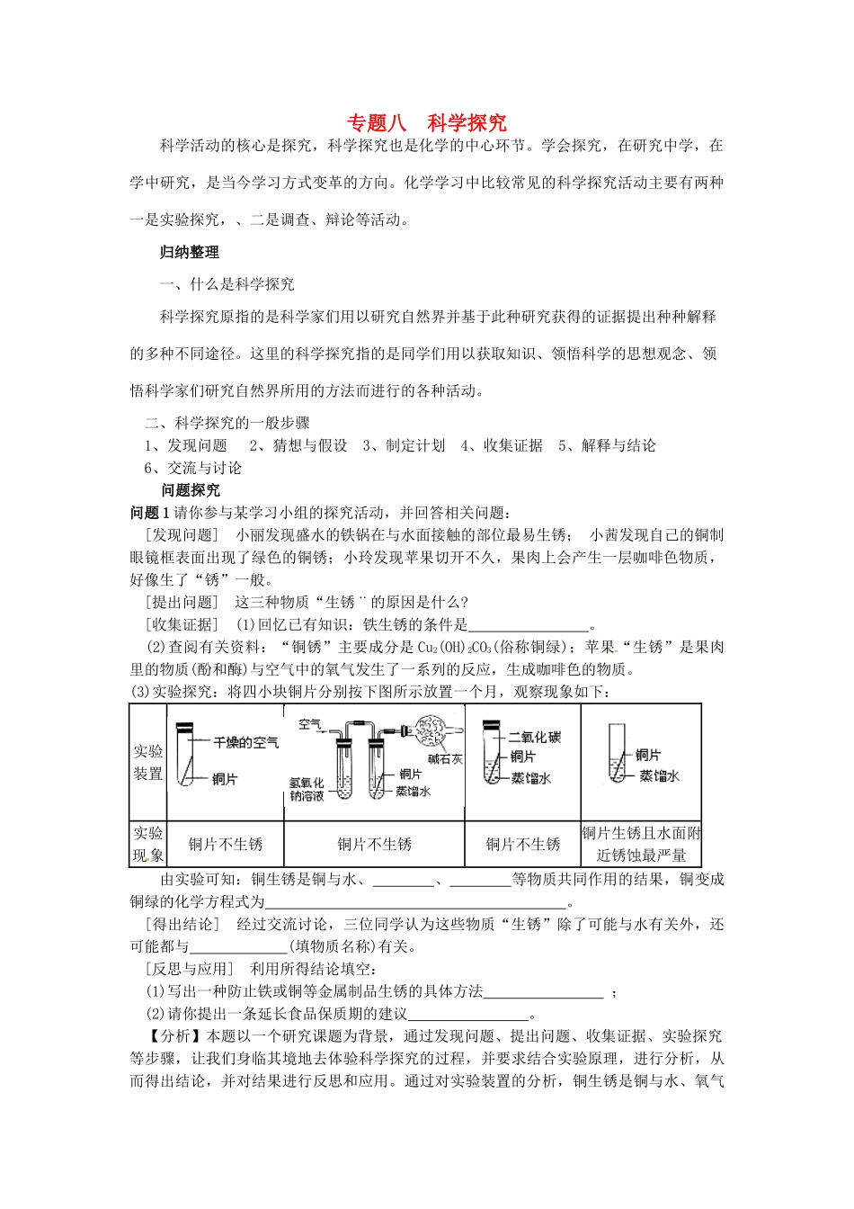 中考化学总复习 专题八 科学探究学案-人教版初中九年级全册化学学案_第1页