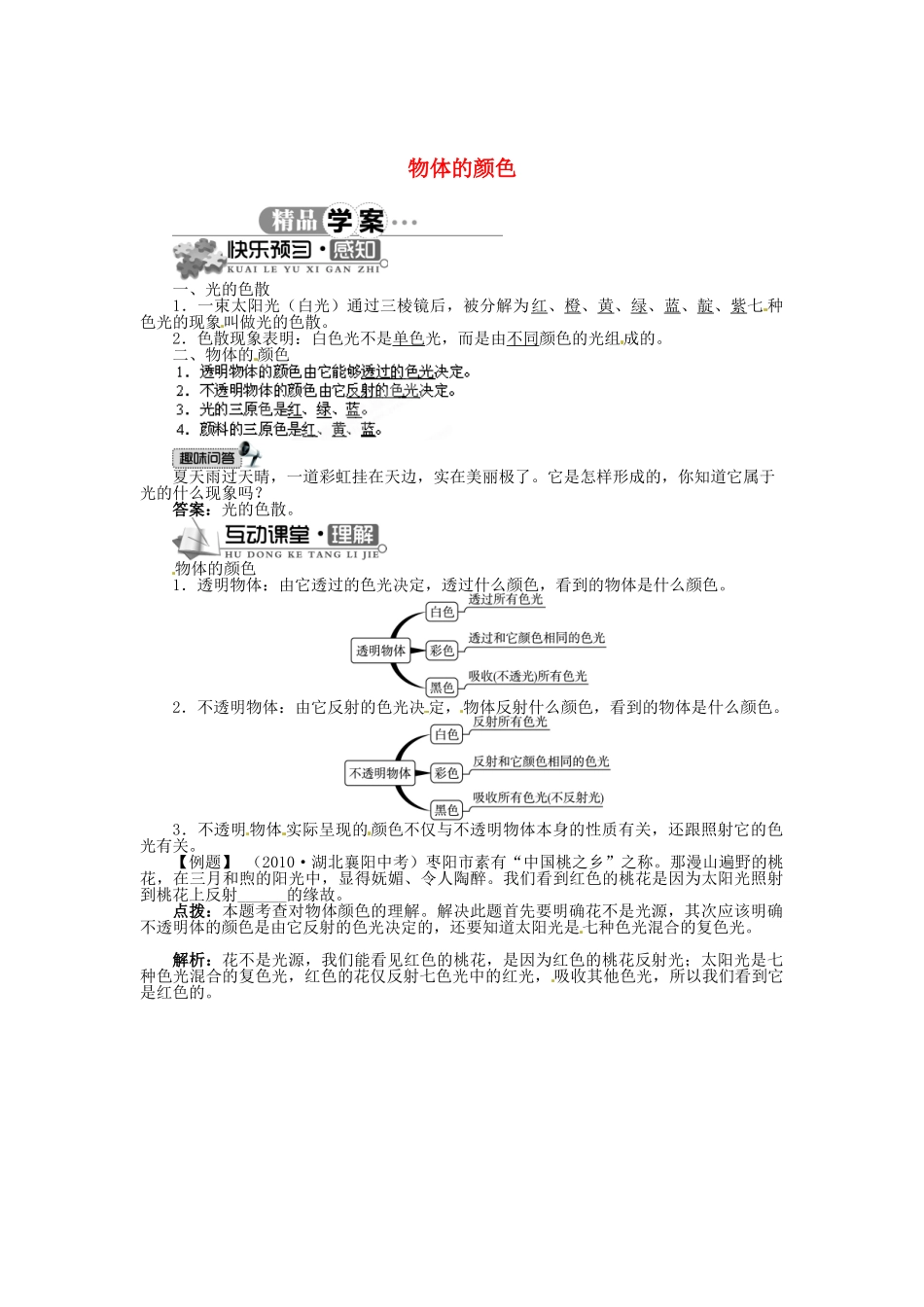 辽宁省凌海市石山初级中学八年级物理上册 5.5 物体的颜色同步学案 （新版）北师大版_第1页